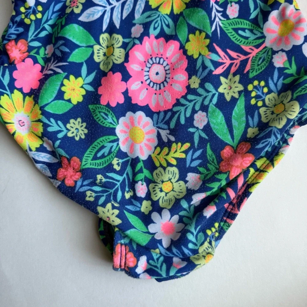 🍭 Cat & Jack Girls Blue Floral One-Piece Swimsuit - Size Small (6/6X) (Used)